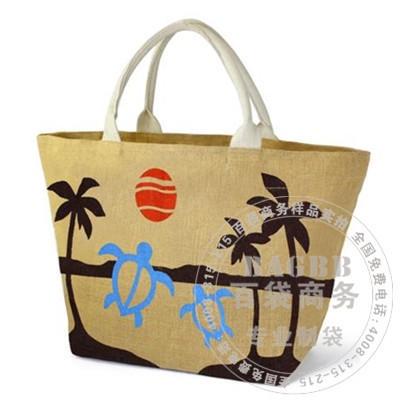 圆提手款，采用麻布制作，提手尼龙织带，丝网印刷