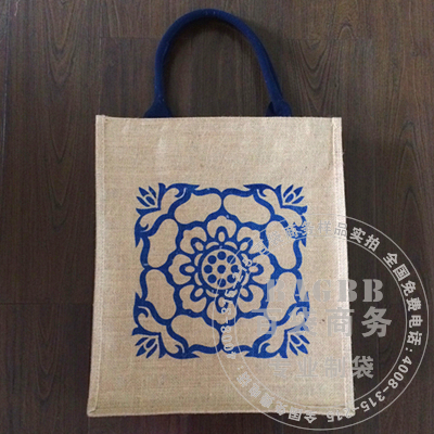 黄麻礼品袋，棉织带包棉芯提手，丝网印刷