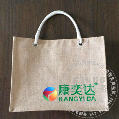 原麻手提袋，汽眼穿孔加手工绑绳提手，彩色烫画印刷