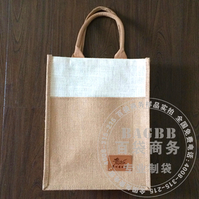 黄麻和白麻双色拼接布，棉织带包棉芯提手，皮标电刻LOGO